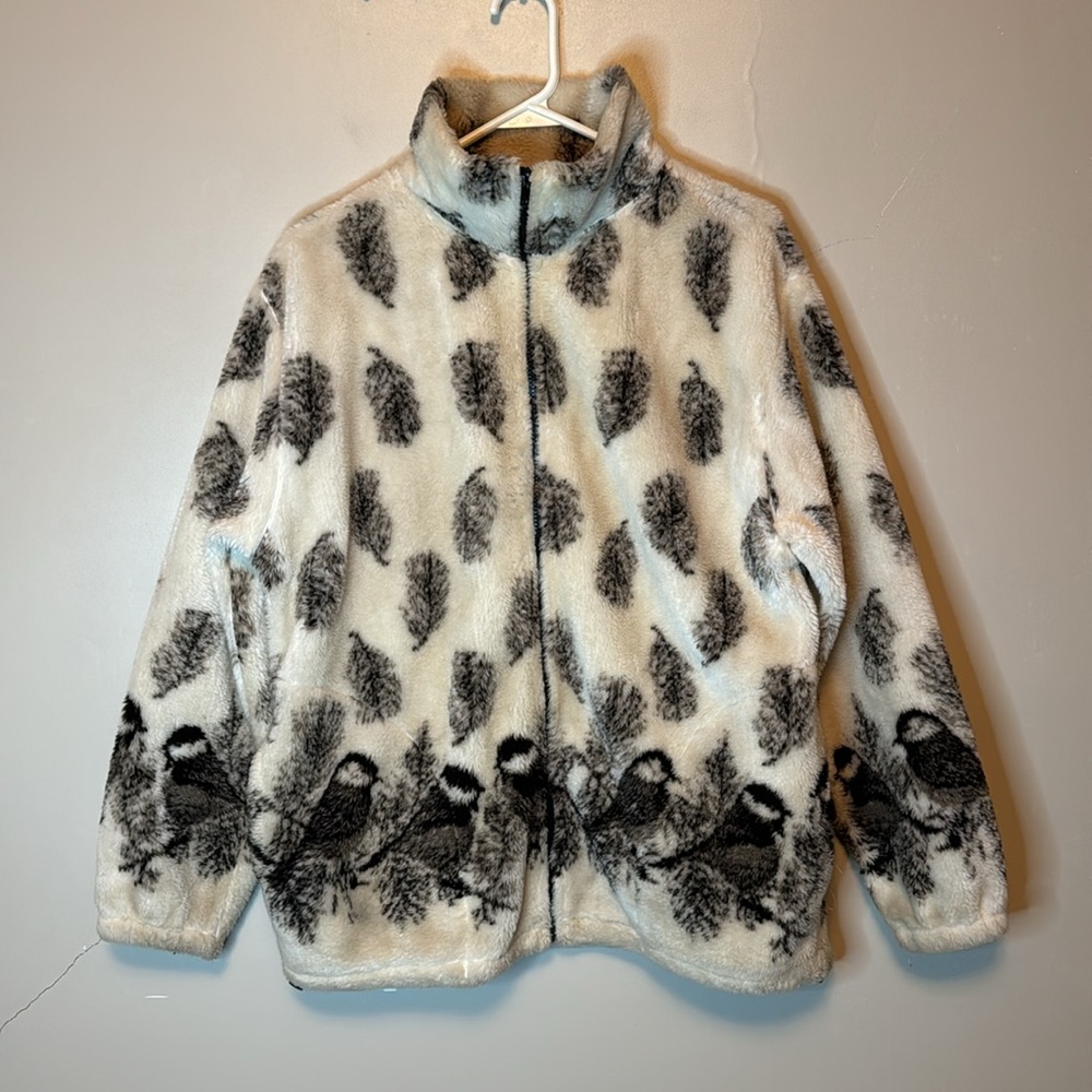 Black Mountain Birds Leaves Full Zip Up Fleece White Black Size M Made in USA